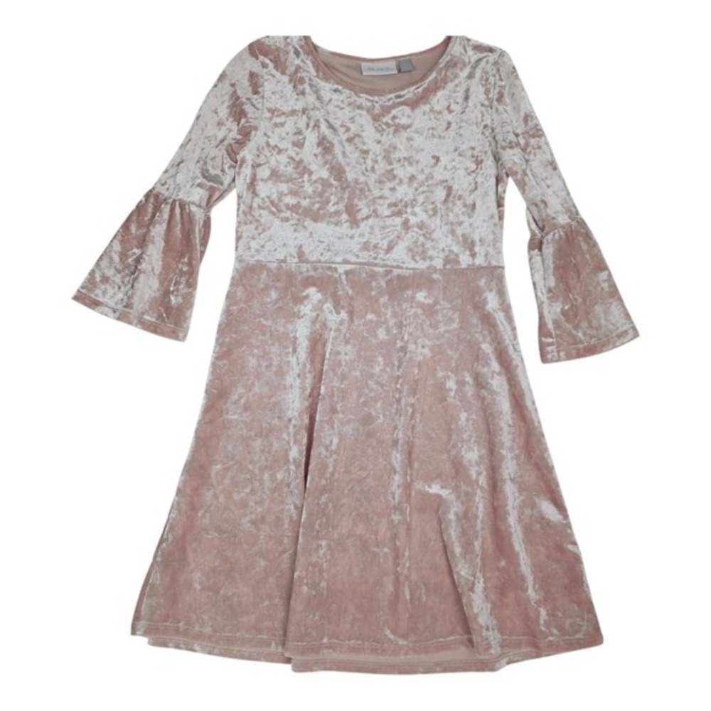 Girl's Dress Size Large 10 - 12 Pink Crushed Velvet Bell ¾‎ Sleeves Fit Flare